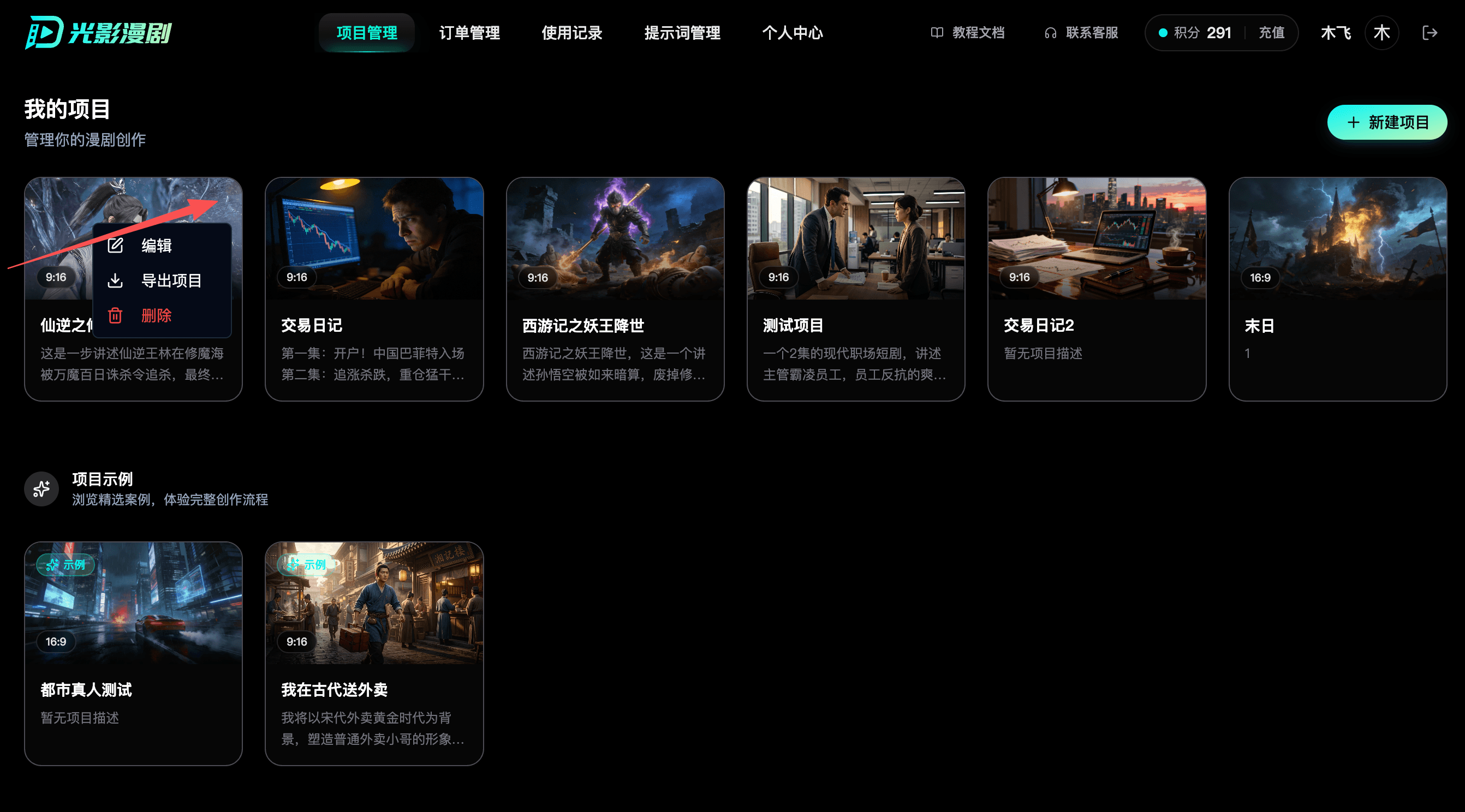 项目列表导出菜单